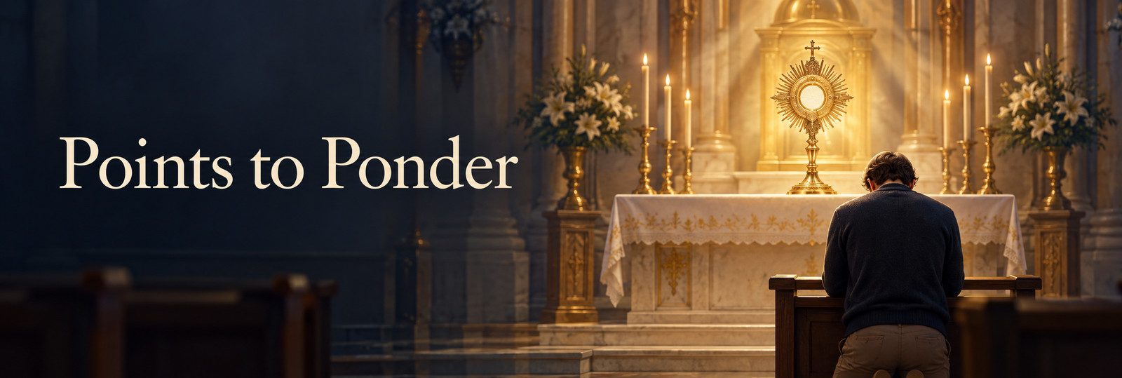 A person kneels in Eucharistic adoration before a monstrance holding the Host, with a tabernacle behind it and golden light filling the chapel.