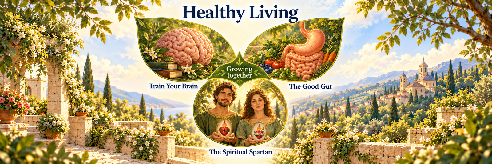 Healthy Living: three green leaves join around Growing together. A brain, a digestive illustration, and a man and woman presenting devotional heart images represent mind, body, and spiritual life.