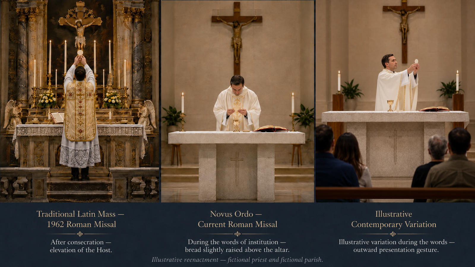 Illustrative comparison of the Traditional Latin Mass, the Novus Ordo according to the current Roman Missal, and a fictional contemporary variation during the words of institution