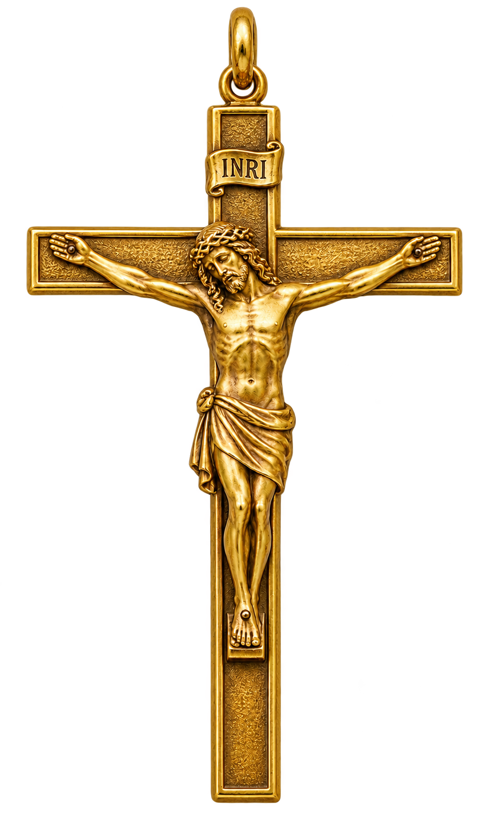 Traditional gold crucifix with a sculpted figure of Jesus