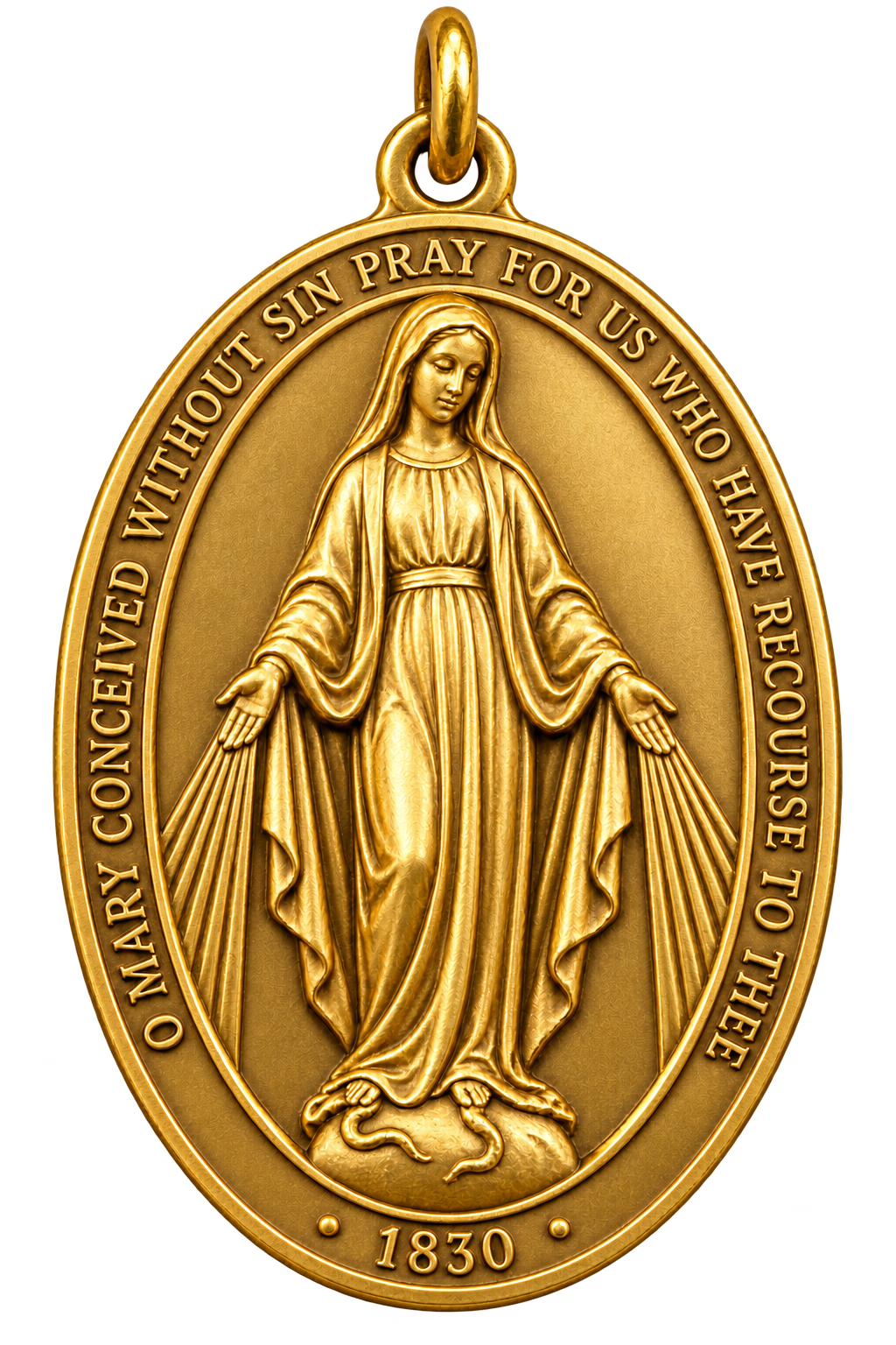 Traditional Miraculous Medal, with Mary standing on the globe and rays from her hands
