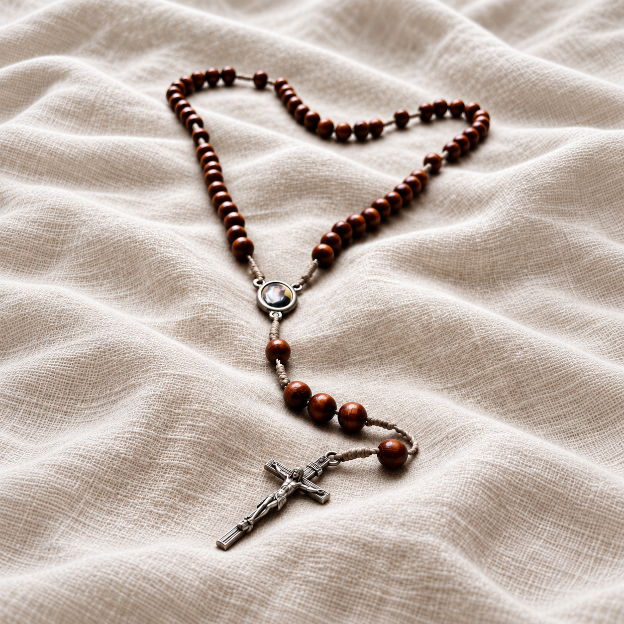 Rosary resting on linen